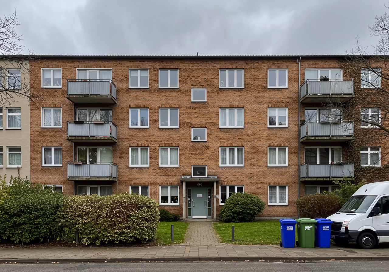 Nachkriegs-Wohnblock in Hamburg-Barmbek — typische 1950er-Architektur