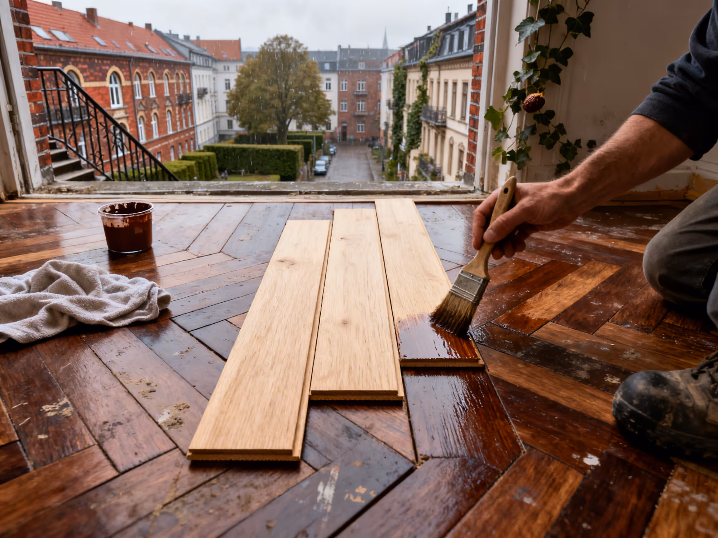 Neue Parkettstäbe werden nach Reparatur farblich angepasst