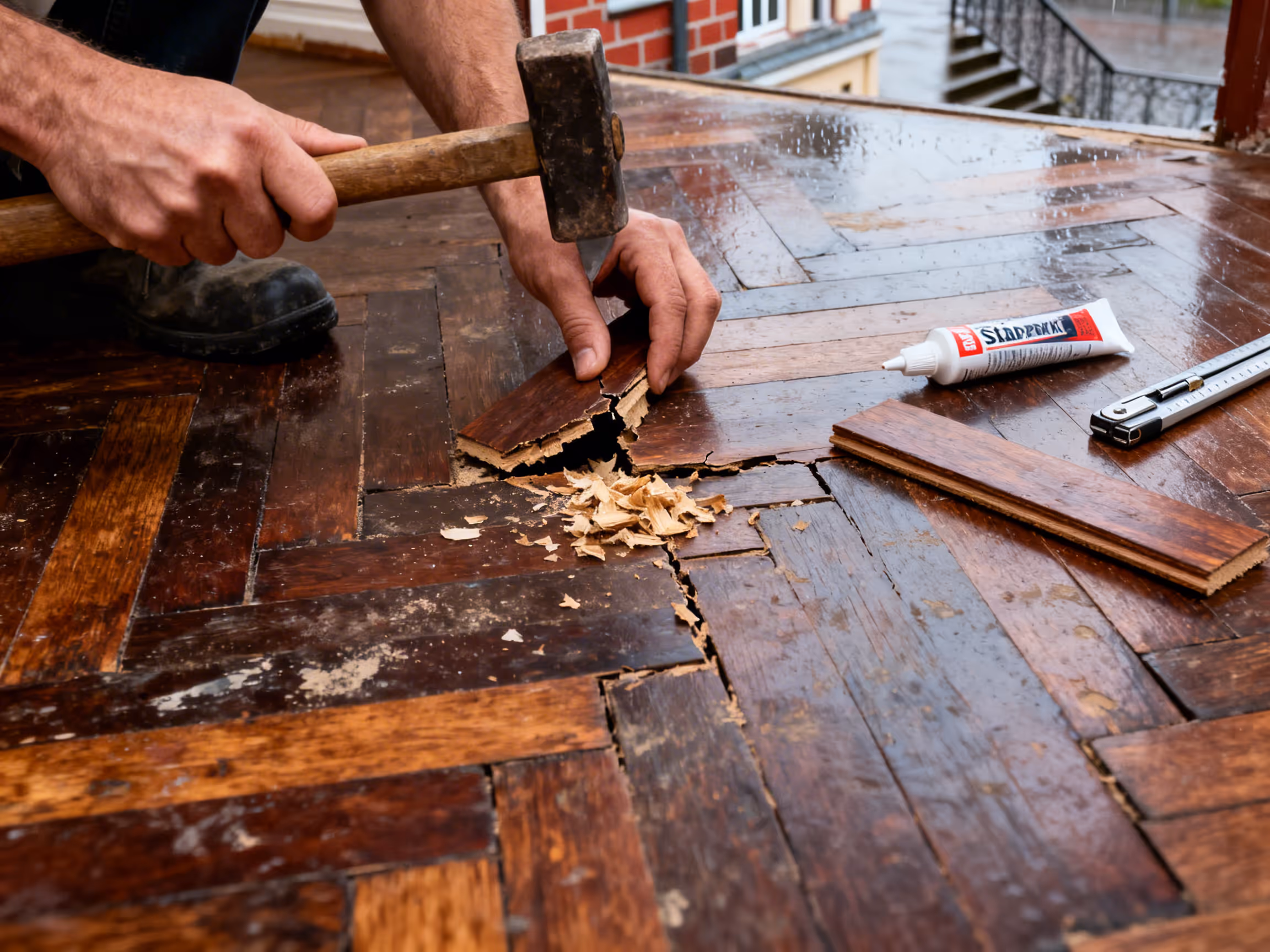 Beschädigter Parkettstab wird bei Reparatur in Hamburg herausgestemmt