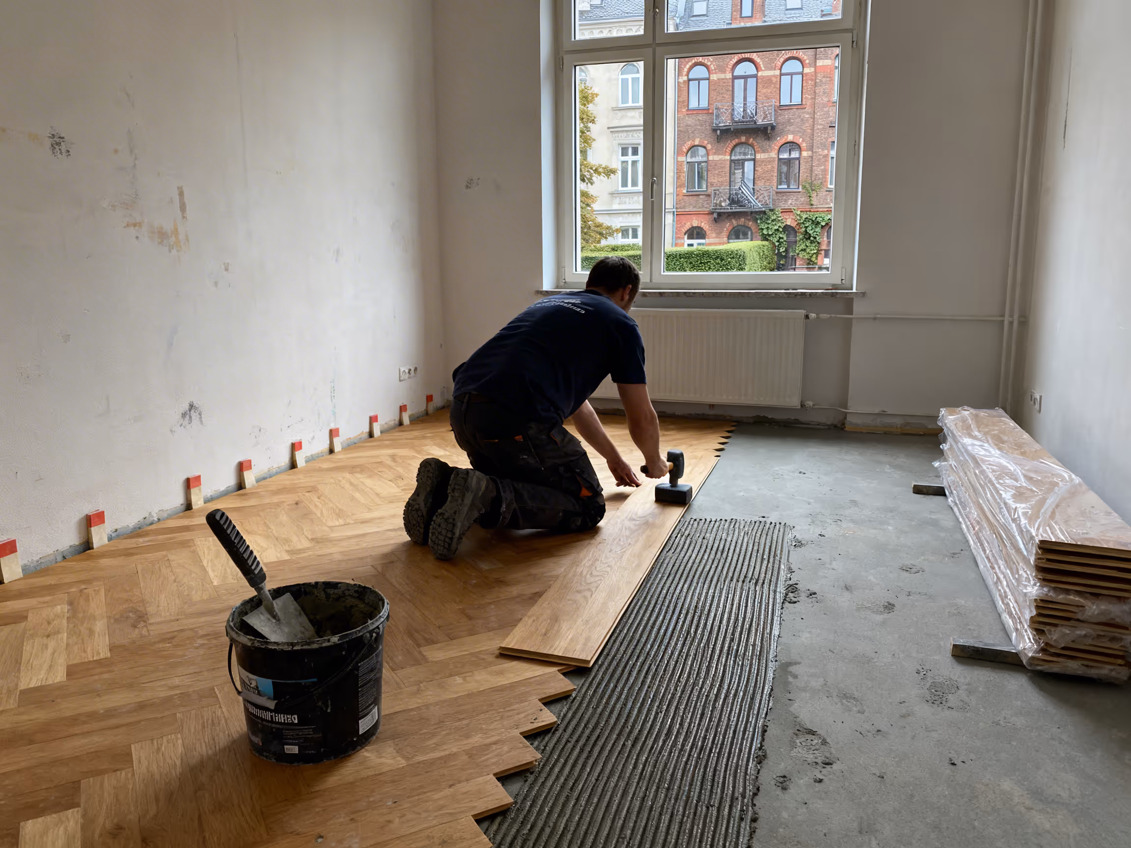 Parkettverlegung in einer Hamburger Wohnung — Eichenparkett wird verklebt