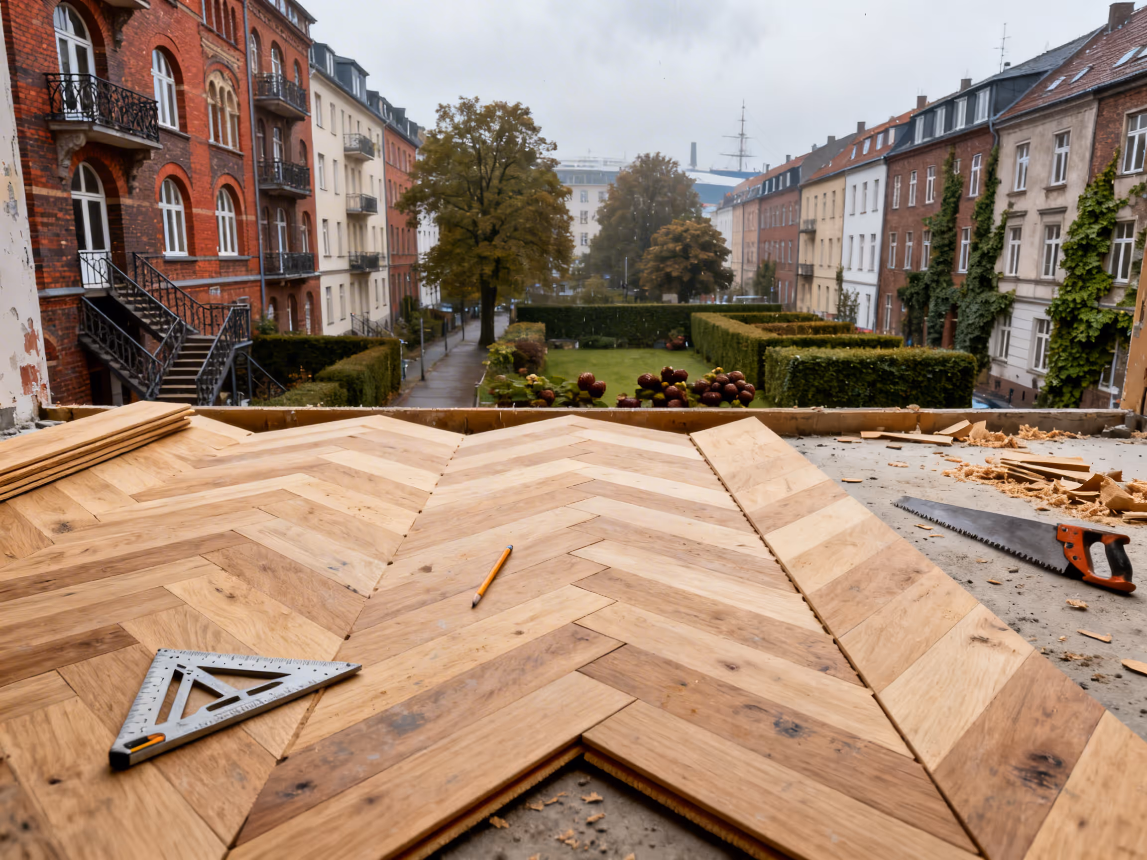 Fischgrät-Parkett wird in Hamburg verlegt — Draufsicht auf das Verlegemuster