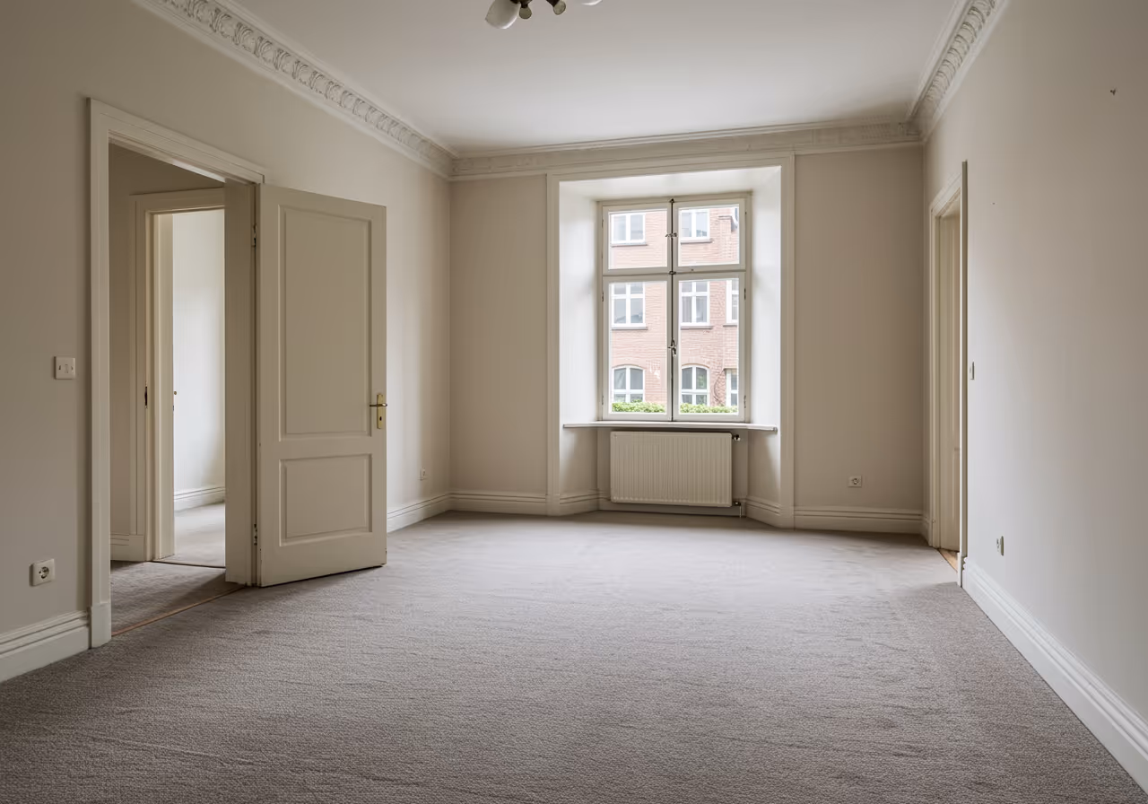 Vorher: Alter Teppichboden in einem Hamburger Altbau-Wohnzimmer