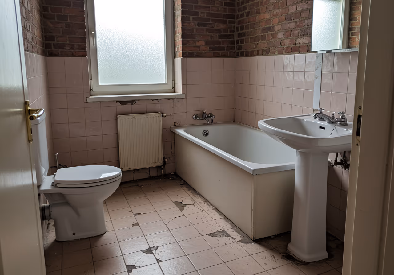 Vorher: Altes Badezimmer mit rosa Fliesen in Hamburger Wohnung