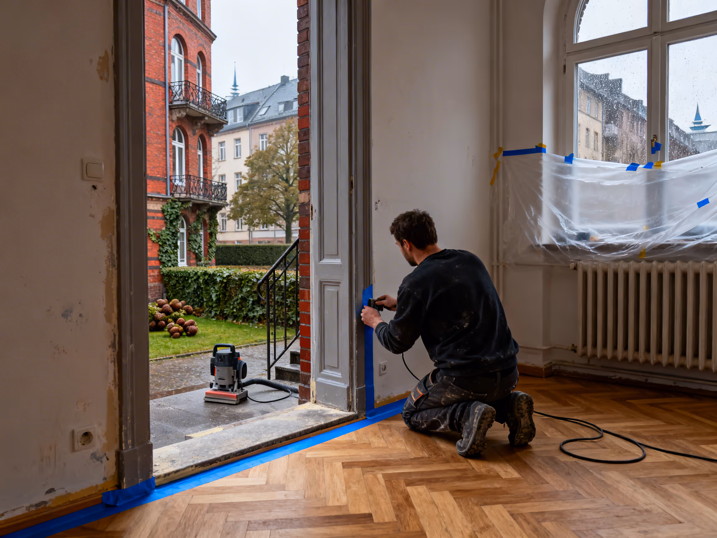 Sorgfältige Abklebearbeiten vor dem Parkett schleifen in Hamburg